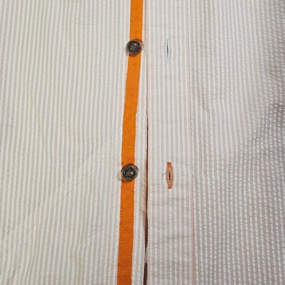 Orvis Striped Seersucker Short Sleeve Ahirt Mens L Large Orange Button Down - Picture 6 of 7